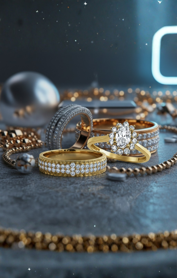 Collection of gold and silver rings on a dark surface with a blurred background